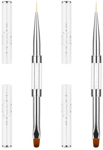 Double Ended Nail Art Brushes, 2 Pcs White Portable Builder Gel Brush French Tip Brush with Rhinestone Handle Nail Art Tools for Design Professional Basic Nails Arts Salon