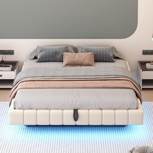 OKMYHOME Lit Coffre Double 180x200 cm avec Rangement Coffre et éclairage LED sous Le lit - Lit Flottant 180x200 sans tête de lit - Lin Beige, sans Matelas