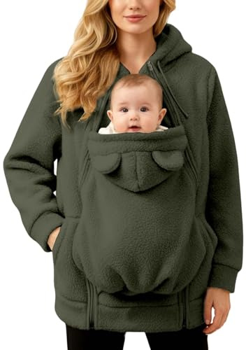 Veste polaire pour femme - Fermeture éclair - Manches longues - Kangourou - 2 en 1 - Manteau d'hiver - Veste de portage Thiken - Veste de portage pour maman - Vêtement d'extérieur chaud avec sac de