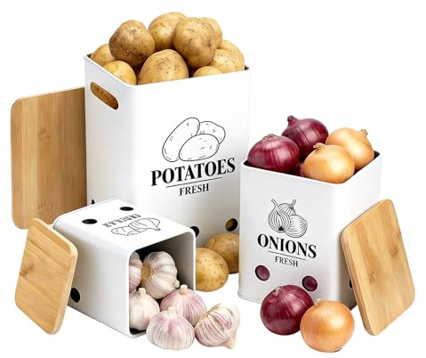 Vexnaro Juego de 3 Caja para Guardar Patatas, Recipientes de Almacenamiento, Cebollas y Ajos, Almacenamiento Cocina con Tapa de bambú y Orificios de Ventilación, Recipientes de Almacenamiento (Blanco)