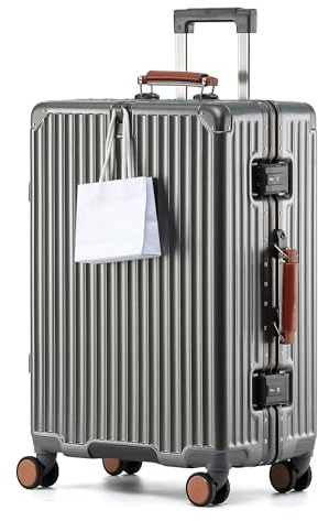 Aoliwei Aluminium-Rahmen Koffer groß XL (75cm) – Premium Hartschalen-Trolley für 11-14 Tage Reisen, mit braunem Echtleder-Griff, TSA-Schloss & & 360° Silent-Doppelrollen, Grau