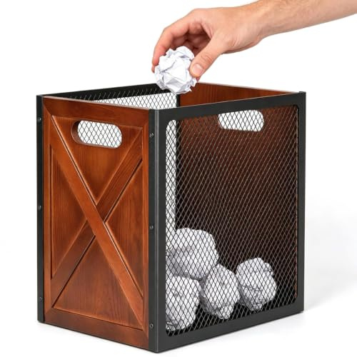 JUJOYBD Papelera de madera cuadrada de 18 litros, diseño industrial, caja de almacenamiento con asa, para oficina, baño, sala de estar y dormitorio