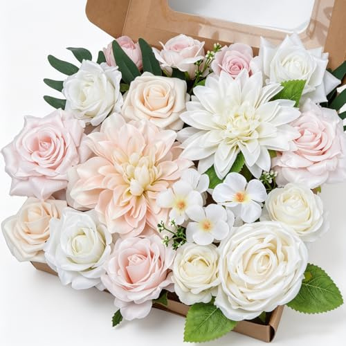 Fairblo Fiori Finti per Decorazioni Grandi Testa di Fiore Artificiale | Fiori Artificiali con Stelo e Foglie Rose Finte Peonia Dalie per Decorazioni Matrimoni Torte Feste Casa DIY, Rosa, 6-14 cm