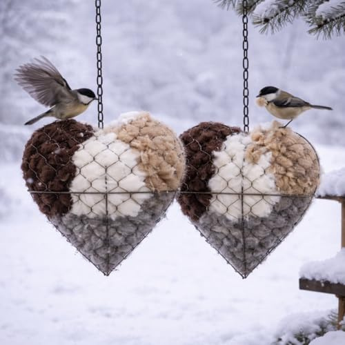 Wollherz für Vögel, Alpakawolle-Spender für Vögel, Handgefertigtes Nachfüllbares Garten Dekoration Herz Zum Aufhängen, Vogelfutter Spender&Vogelnestherz für Kolibri Liebhaber Den Winter (2 Stück)