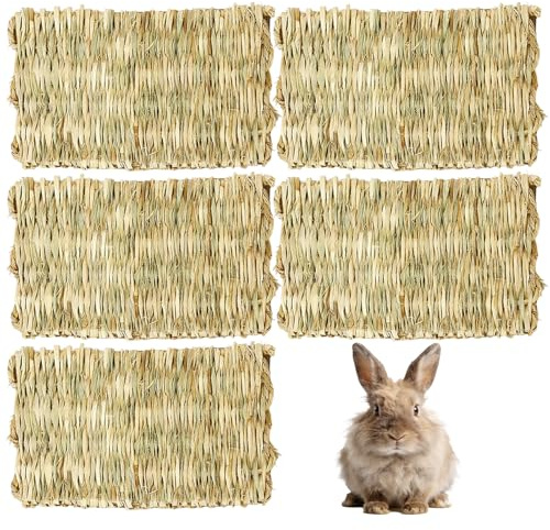 Wihozte Small Animal Grass Mat, 5 Pack 22x30cm Rabbit Hay Mat, Durable Rabbit Scratch Mats Natural Hay Chew Toy Bed for Bunny Guinea Pig Chinchilla Hamster