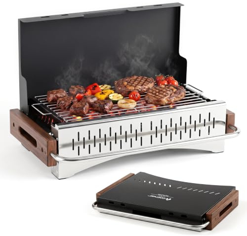COSTWAY Barbecue a Carbonella Portatile, Barbecue Carbone da Tavolo con Griglia Regolabile in Altezza e Vaschetta in Smalto Rimovibile, Griglia a Carbone per Campeggio e Picnic (50,5 x 33,5 x 33,5 cm)