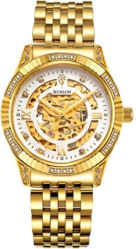 BINLUN Gold Herren Armbanduhr Automatik Gold Skelett Armbanduhren für Männer Luxus Kleid Diamant Uhr Edelstahlband Armbanduhren