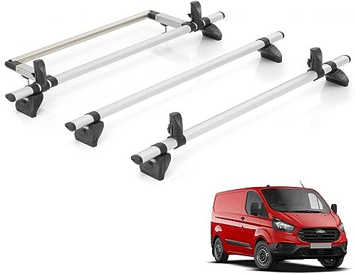 Rhino KammBar 3 Bar Roof Rack with 4 Load Stops and Rear Ladder Roller for Ford Transit Custom (2013-) [Std Roof, Barn Doors]