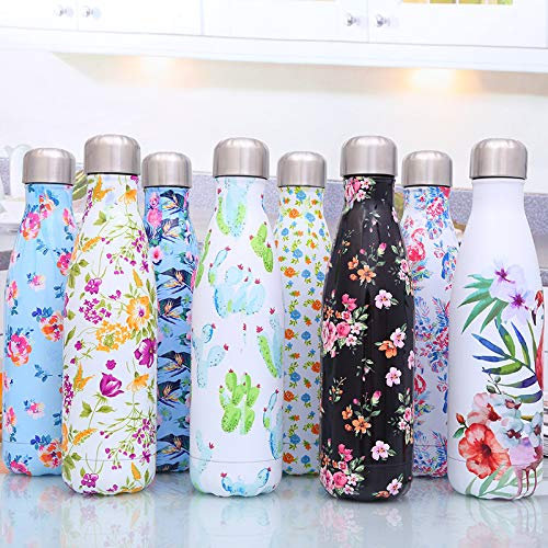 Gshy Bouteilles Thermos 500ml Flamingo et Fleurs Impression Tasse Thermos Mug Multicolore Isotherme pour Voyage Sport Camping Randonnée Water Bottle Couleur aléatoire