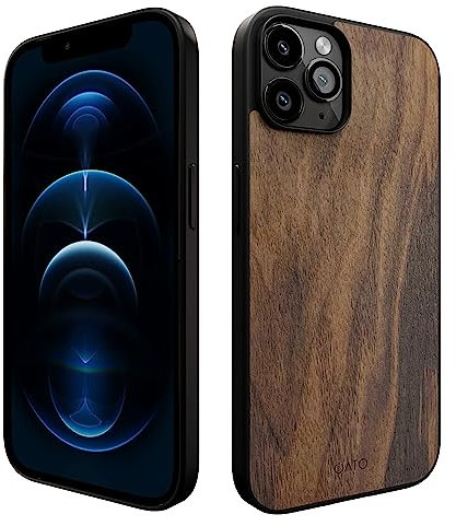 iATO iPhone 12 & 12 Pro Wood Case. Unique & Classy Shockproof Protective Cover. Wireless Charging Compatible Real Wooden Overlay on Soft Black TPU - Natural Walnut