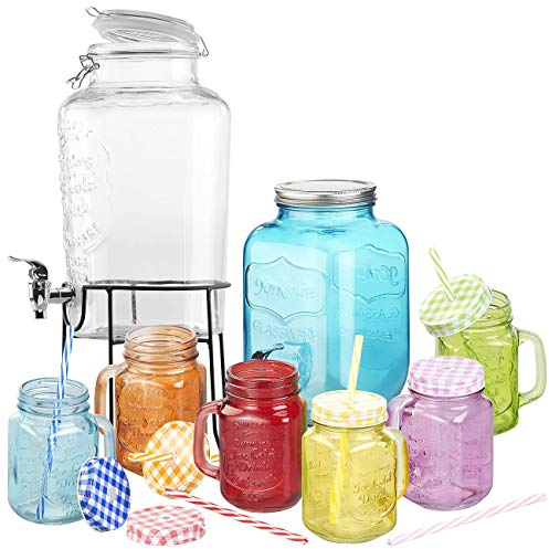 PEARL Trinkgläser Deckel: 2er-Set Getränkespender mit 6 Gläsern, 4 l & 6,5 l, Einmachglas-Look (Trinkglas-mit-Deckel-Sets, Retro Trinkglas, Geburtstag)