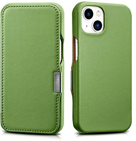Mobiskin case compatible with Apple iPhone 13 (6.1 inch), cover with genuine leather, book-style protective phone case, ultra-slim folio, thin wallet, green