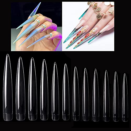 Mwoot 120 Pièces Extra Longs Stiletto Faux ongles Kits, Couverture complète Artificiels Faux ongles, 12 Tailles Tips pour Femmes DIY les salons de vernis à ongles, French False Nail Tips (Clair)