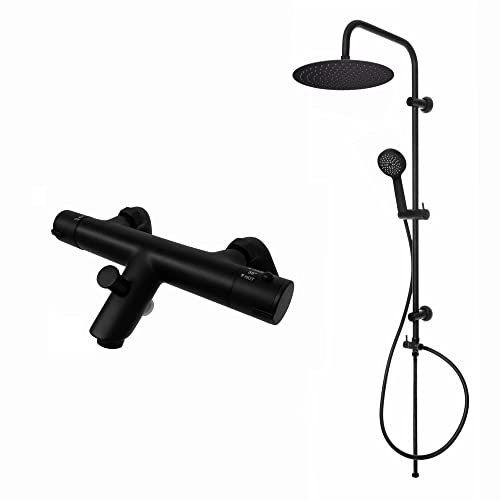 ENKI, Dune, BBT0250, Black, Thermostatic Bath Shower Mixer Valve with Dual Rigid Riser Kit, Large 300mm Ultra Slim Overhead Shower & Multi Hand Shower, Anti-Scald Device, Modern, 1-Year Guarantee