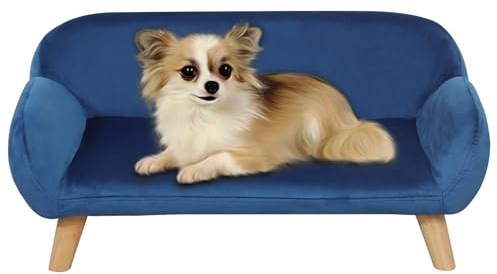 Yoonnie room Hundesofas und Stühle für kleine Haustiere, Holzrahmen, Katzen-Sofa, Stuhl, Haustier-Sofa, Bett mit Samt, Hundesofa für kleine Hunde, Blau