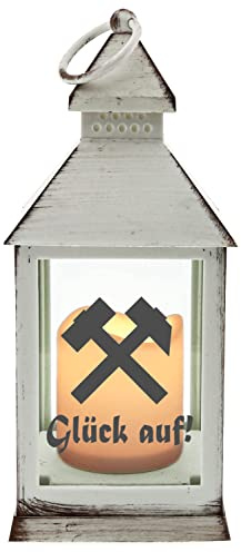 WB wohn trends Kunststoff-Laterne mit LED-Kerze & Timer, Glück auf! Schlägel und Eisen, Weiss 24x10,5x10,5cm, Batterie LED-Licht LED-Laterne LED-Lampe mit Text Spruch