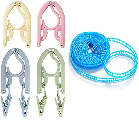 4Pack Kleiderbügel Faltbar Outdoor Tragbarer Reise Hänger Kleiderbügel Kunststoff, Kleiderbügel für Wäscheleine Kleiderbuegel Klappbar mit Klammern, Nylon Doppel Winddichte Wäscheleine Camping Outdoor