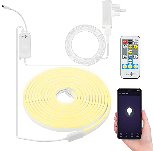 Lunartec LED Streifen: WLAN-Lichtschlauch mit CCT-LEDs, App, Sprachsteuerung, IP65, 5 m (WLAN-Lichterkette, CCT Streifen, Lichtschläuche)