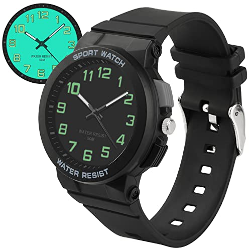 Juboos Armbanduhr Kinder,Kinderuhr Jungen Mädchen Analog Quartz Uhr mit Armbanduhr Licht 50M Wasserdicht Outdoor Sports Jugend Uhr 7-16 (schwarz)