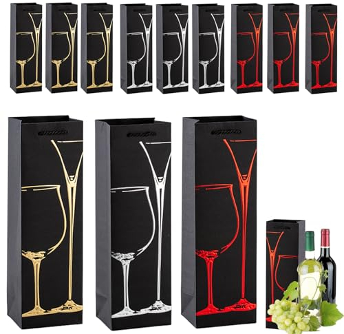 COSORO Bolsas Para Botellas de Vino con Asas,12 piezas Bolsas Papel Kraft Negro,Fuerte Reciclable Regalos de Embalaje Botellas para Vino Whisky Champán para Fiestas Bodas Cumpleaños Navidad
