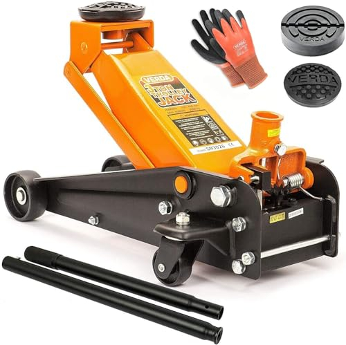 Verda Hydraulischer Wagenheber 3T, 130-490 mm + 2X Gummi + Handschuhe Rangierwagenheber Heber Auto, PKW, Profi, Ständer, Flache, Wohnmobil, Geländewagen (Wagenheber)