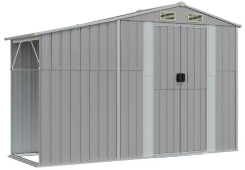 Geräteschuppen Garten Schuppen Metall Schrank Gartenhaus Stahl Schuppen mit Schrägdach, Metallschuppen Multifunktionalen mit Brennholzständer Unterstand Wetterfest, Grau 277x93x179 cm