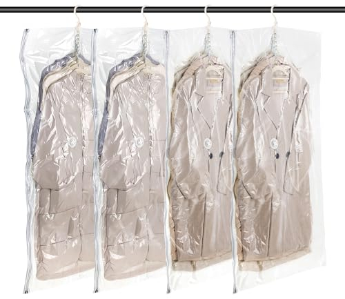 BULZEU Vakuumierbeutel Kleidung, 4 Packungen(135x70cm) Vakuumbeutel für Kleidung Hängend, Platzsparende Aufbewahrung Vakuumbeutel Groß Vakuumbeutel Zum Hängen Anzüge, Mäntel, Jacken, Kleider