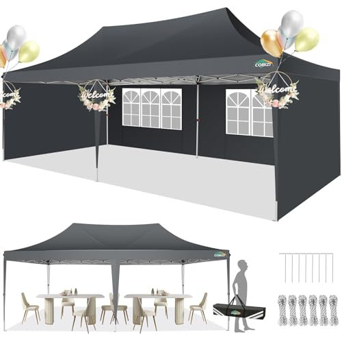COBIZI Pop Up Gazebo, 3x6m Gazebo with 4 Removable Sidewalls, 3 Adjustable Height Waterproof, UV-Resistant with Carry Bag, 4 Stakes, 4 Ropes for Weddings, Parties, Picnics and Commercial(Grey)