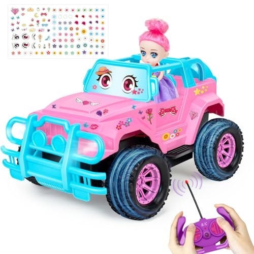 Remote Control Car- RC Truck with DIY Stickers Age 3+ and Doll for Kids Girls Birthday, 1:20 Scale RC Truck Full Functions Creative Racing Car for Toddlers Kids Indoor Outdoor Games, Pink