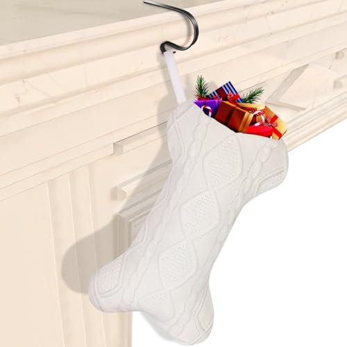 fotwen Weihnachtsstrumpf für Hunde, mit Kaminhaltern, 45,7 cm, groß, Knochenform, zum Aufhängen, Weihnachtsstrumpf für Hunde, Katzen, Haustiere (weiß)