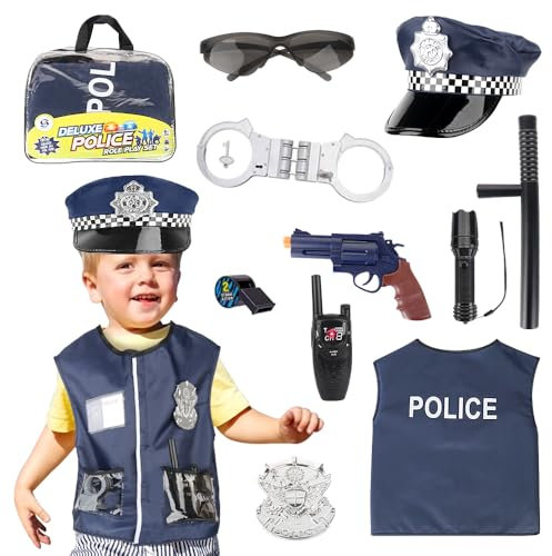 Lotvic Disfraz Policía Niño, Disfraz de Policía para Niños con Gorra, Walkie Talkie, Placa, Handcuffs y más Accesorios, Conjuntos de Disfraces de Policías para Cosplay de Fiesta de Carnaval