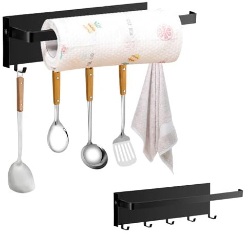Mecmbj Porte essuie Tout, Porte Rouleau magnétique, Support sopalin Mural avec Crochet, Aucun perçage requis, Porte sopalin Pliable, Porte Rouleau pour réfrigérateurs, armoires métalliques (Noir)