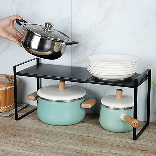 HUOLE Erweiterbares Metall, Schrankregal Erweiterbarer Küchenregal Organizer Verstellbarer Küchenschrank Regal Gewürzregal Lagerregal für Küche Theken 36-60 * 21 * 18cm (schwarz)