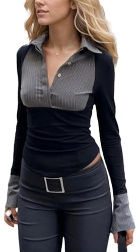 EMOTTOS Women's Y2K Crop Tops, Long Sleeve Patchwork Vintage Stripe Polo Shirt Slim Fit, Sexy Button Down Deep V-Neck Stretchy Casual T Shirts, Black, S