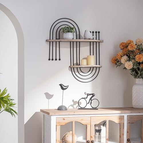 K&L Wall Art Holz Wandregal Metall Hängeregal Natur Holzoptik Vintage Metallregal Landhaus für Wohnzimmer (Abstrakter Regenbogen)