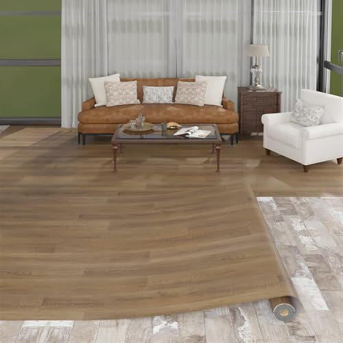 Vinylboden in Holzoptik – PVC Bodenbelag Rolle, Bodenfliesen mit Klebeband, Wiederverwendbar, Wasserfest, Ohne Kleber Fliesenoptik Bodenmatte für Wohnbereich, Kellergeschoss 100x500cm