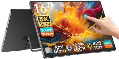Intehill 3K Portable Monitor Touchscreen 16 inch, Anti-Glare Matte IPS Panel, 3072x1920,16:10,100% sRGB,400nits, Lightweight, Aluminium-Alloy Body, Ultra-Slim Bezel, VESA, 10-Point Multi-Touch U16ZT