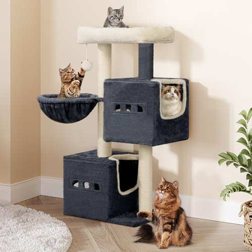 Hzuaneri Cat Tree, 98 cm Tower, Sisal Scratching Post, Cats Tower for Indoor, Multi-Level Stable Cat Tree with Cats House, 2 Caves, Pompoms, Dark Grey MS10018SGV1