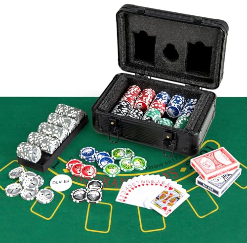 DREAMADE Pokerkoffer mit 300 Pokerchips & Spielmatte & Dealer-Button & 2 Kartendecks, Komplett Poker Set, Pokerset Profi Texas Hold'em (300 Chips)