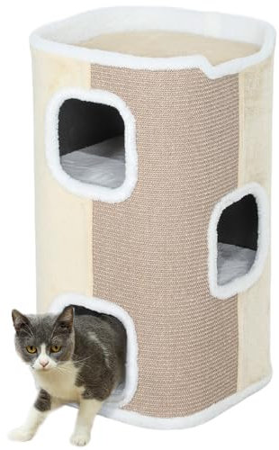 PawHut Kratztonne 74 cm Hoch dreistöckige Katzentonne mit Kissen, Plüschrand, Katzenhöhle, Kratzbaum für kleine Katzen, Beige+Weiß