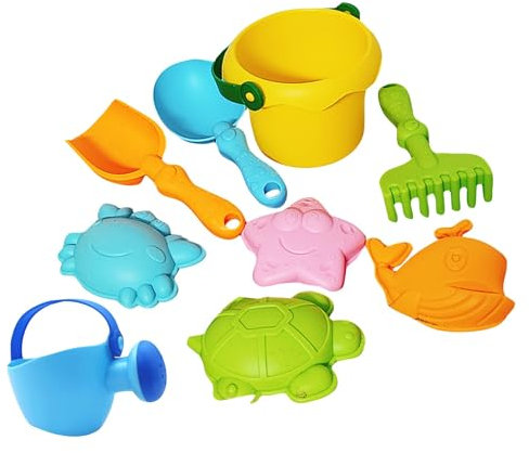 BOSSETY 9 Stück Sandspielzeug Set, mit Strandeimer, Sandform, Strandschaufel, Wasserflasche, Strandlöffel, Strand, Sandkasten, für Kinder Jungen Mädchen Alter 3 4 5 6 7+ (Gelb)