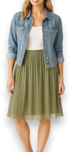 Plissee Rock Damen Midi Sommer – A-Linien Faltenrock mit Gummibund & Unterrock – Made in Italy – Knielanger Midirock (DE/NL/SE/PL, Alphanumerisch, Einheitsgröße, Regular, Regular, Khakigrün)