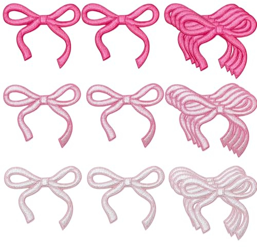 Tressora 9 Piece Set Iron-On Bow Patches, Iron-On Pink Bows for Clothes, Shoes, Jeans, Hats & More - Embroidery Appliques for DIY Projects