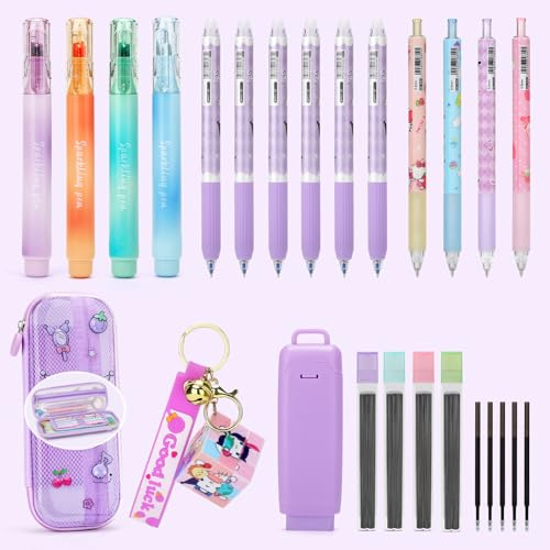 CICIGETI 6 Stück Gelstifte Radierbar, 4 Textmarker, 4 Druckbleistifte mit 4 Schachteln Ersatzminen, Radierbarer Kugelschreiber Set mit Federmäppchen, Lila