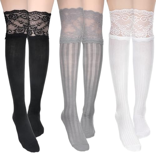 Josojoou 3 Pairs Women's Lace Socks, Lace Knee High Socks with Trim, Kawaii Laces Lolita Stocking Long over Knee Stocking for Women, Black White, Gray