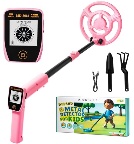 Smofrees Metalldetektor Kinder, über USB Aufladbarer Kinder Metalldetektor mit Einfachem Display, 7,36 Plus-Suchspule, 24-34 Verstellbare, Outdoor-Spielzeug für Kinder von 8 bis 12 Jahren, Rosa