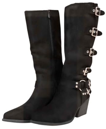 iKrush Black Faux Suede Knee High Boots with Block Heel, Buckle Strap & Almond Toe
