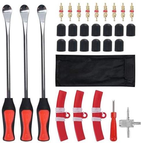 31 Pcs Desmontadora de Neumáticos, Protectores de Llanta, Desmontador Ruedas Metalico para Motocicleta Bicicleta Scooter Eléctrico,llave de válvula 4 en 1, llave inglesa, núcleos de válvula, tapones