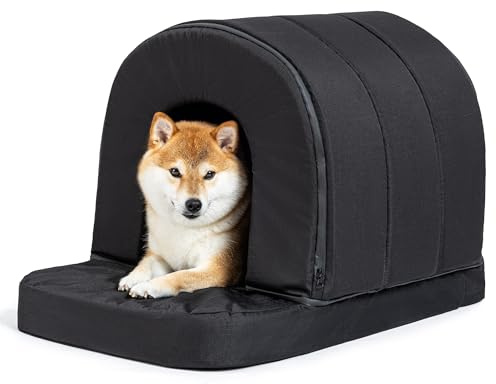 Pelzin Orthopädisches Hundehöhle - Hundehütte Outdoor Kratzfest - Hundehaus für Draußen - Waschbar und Wasserdicht Hundebett Mit Dach für Mittelgroße Hunde & Einen 76cm Hundekorb - 73x45cm, Schwarz