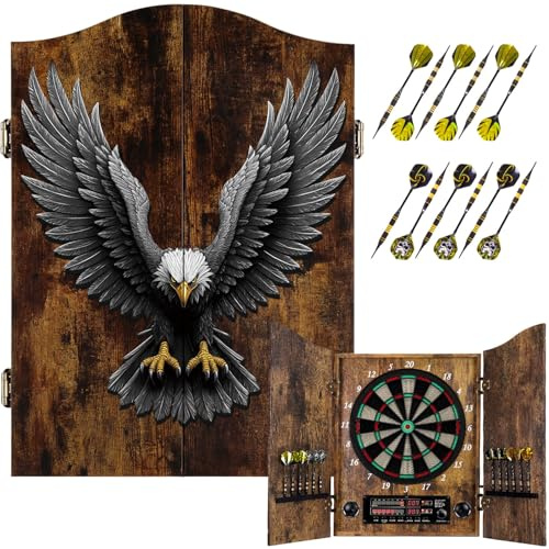 Yirinatek Dartscheibe Elektronisch, Dekoratives Elektronische Dartscheibe Schrank-Set [12 Bronze Soft-Tip Pfeile][Cricket-Spielmodus], Profi E Dart Scheibe mit Holzschranktüren - Vintage [Eagle]